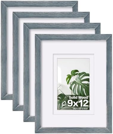 Egofine 9x12 Picture Frames Set of 4, Made of Solid Wood Covered by Plexiglass 5x7 and 6x8 with Mat or 9x12 whitout Mat, for Table Top Display and Wall Mounting Photo Frame Rustic Blue by Egofine