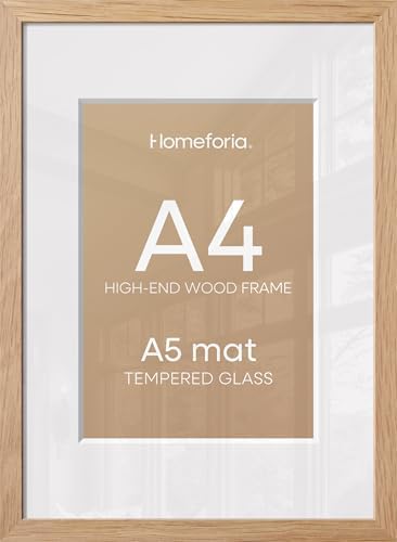 Homeforia A4 Natural Oak Picture Frame, High-End Wood, A5 Mat, Glass by Homeforia