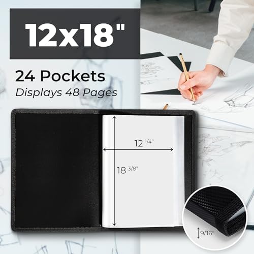 Dunwell 12x18 Art Portfolio Binder, 24-Sleeve, Black Mounting Paper, Black - Image 2