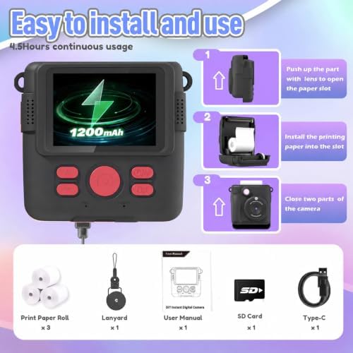 ESOXOFFORE Kids Camera Instant Print, Christmas Birthday Gifts for Kids Age 3-12, Selfie Digital Camera with 1080P Videos,Toddler Portable Travel Cameras Toy for 4 5 6 7 8 9 Year Old Boys Black - Image 6