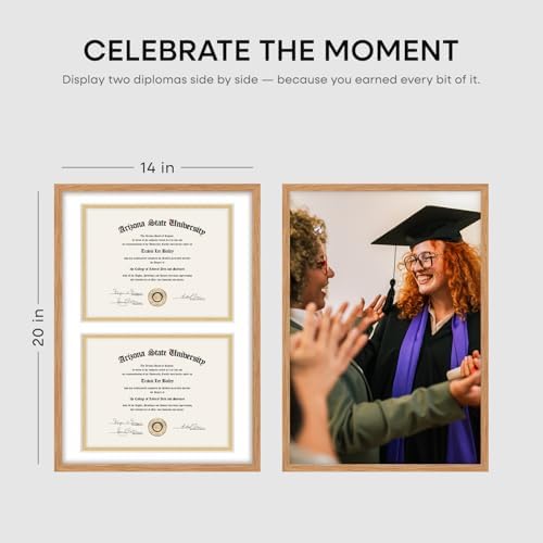 Homeforia 14x20 Natural Oak Diploma Frame, High-End Wood, 8.5x11 Mat, Glass - Image 2