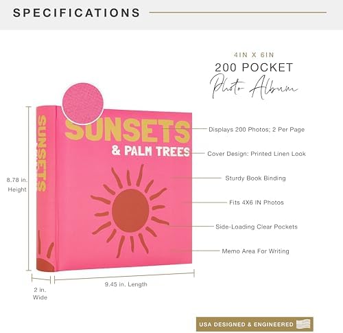 MCS Sunset and Palm Trees Pink Photo Album Holds 200 4x6 Photos with Memo Space, Clear Side-Loading Pockets – Scrapbook Style Keepsake for Vacations & More – A Thoughtful Gift - Image 3