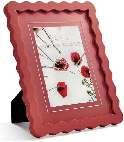 8x10 Red Picture Frame with Mat for 5x7/6x8, Curved Wavy Edge Deco Wooden Real Glass, Vertical or Horizontal Display Photo Gallery Wall & Tabletop Frame by Gdfmsc