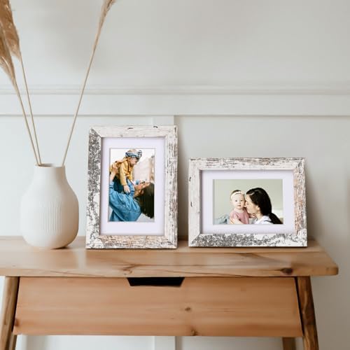 Egofine 4x6 Picture Frames Set of 4, Made of Solid Wood Covered by Plexiglass 3x4.5 and 3.5x5 with Mat or 4x6 without Mat, for Table Top Display and Wall Mounting Photo Frame Rustic White - Image 5