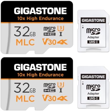 [10x High Endurance] GIGASTONE Industrial 32GB MLC Micro SD Card 2-Pack, 4K Video Recording, Security Cam, Dash Cam, Surveillance Compatible 95MB/s, U3 C10, with Adapter [5-Yrs Free Data Recovery] by Gigastone