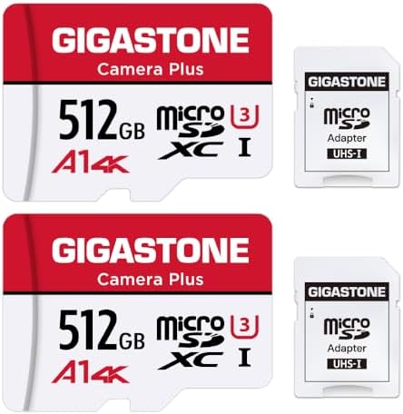 GIGASTONE 512GB Micro SD Card 2-Pack, Camera Plus, for GoPro, Action Camera, A1 Run App for Smartphone, Nintendo-Switch Compatible, 100MB/s, 4K Video Recording, Micro SDXC UHS-I A1 V30 U3 Class 10 by Gigastone
