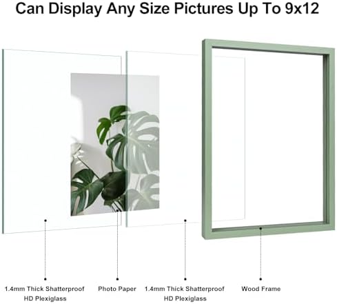 Egofine 9x12 Floating Frames Set of 2, Double Plexiglass Picture Frame, Made of Solid Wood Display Any Size Photo up to 9x12, Wall Mount or Tabletop Standing, Green - Image 3