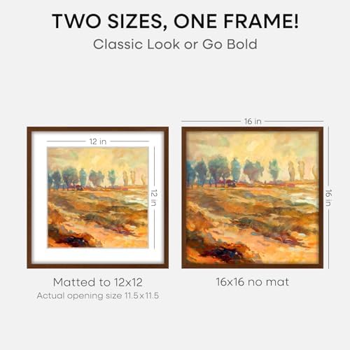 Homeforia 16x16 Brown Oak Picture Frame, High-End Wood, 12x12 Mat, Glass - Image 2