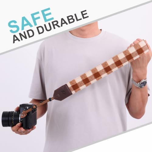 Padwa Lifestyle Camera Strap - 2" Full Grain Leather Ends Camera Straps for Photographers, Unique Vintage Cashmere and Soft Suede Fabric Padded Strap Quick Release fits All Cameras(Beige Brown Check) - Image 5