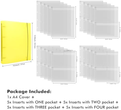 A4 Dies and Stamps Storage Book Binder Folder, Page Protectors Pockets Inserts Organizer for Cutting Dies Stencil Album Stamp Crafts, 1Pcs Yellow Storage Book Cover & 20 Inserts with 1/2/3/4 Pockets - Image 3