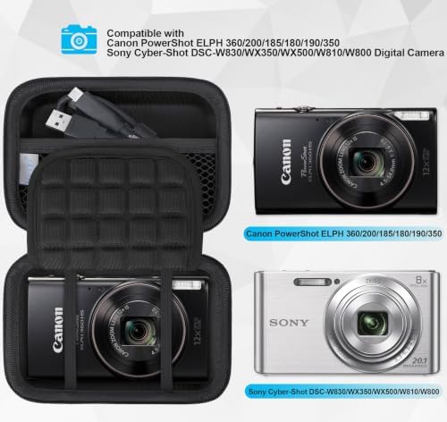 Lacdo Camera Carrying Case for Canon PowerShot ELPH 360/200/185/180/190/350, Sony Cyber-Shot DSC-W830/WX350/WX500/W810/W800 Digital Camera, Hard EVA Protective Camera Storage Trave Bag, Black+Black - Image 3