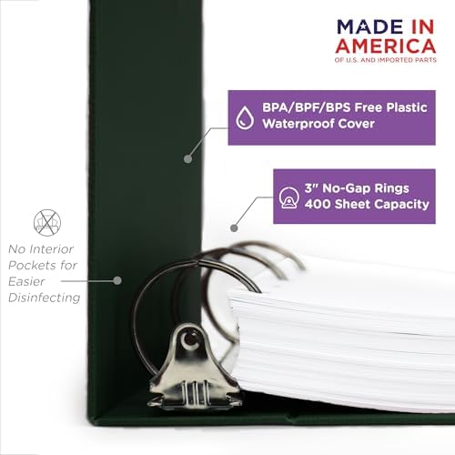Carstens 3-Inch Heavy Duty 3-Ring Binder - Side Opening, Forest Green, Durable Plastic, Precision No-Gap Rings, Waterproof Cover, No Pockets, Holds 400 US Letter Sheets, BPA-Free Made in USA (1738-3R) - Image 3