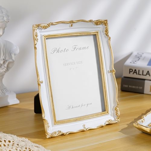 Cuspin 5x7 White and Gold Picture Frame Vintage Ornate Resin Frame - Image 2