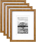 Egofine 9x12 Picture Frames 4PCS Covered by Plexiglass,Solid Wood Frames for Pictures 5x7/6x8 with Mat or 9x12 without Mat, Tabletop and Wall Mounting Display, Teak Wood by Egofine