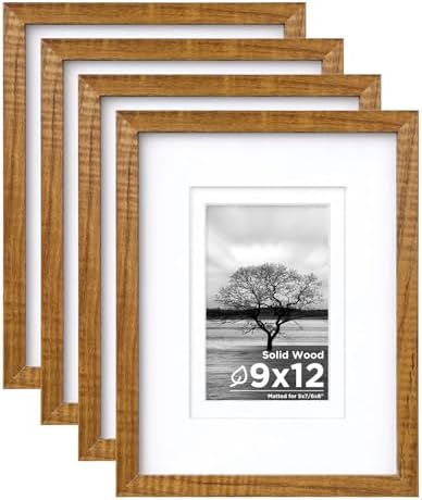 Egofine 9x12 Picture Frames 4PCS Covered by Plexiglass,Solid Wood Frames for Pictures 5x7/6x8 with Mat or 9x12 without Mat, Tabletop and Wall Mounting Display, Teak Wood by Egofine