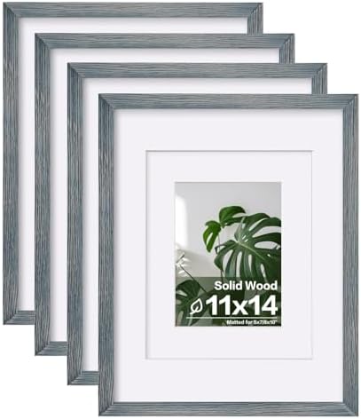 Egofine 11x14 Picture Frames Set of 4, Made of Solid Wood Covered by Plexiglass 5x7 and 8x10 with Mat or 11x14 without Mat, for Table Top Display and Wall Mounting Photo Frame Rustic Blue by Egofine