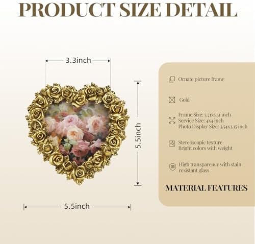 Cuspin 4x4 Picture Frame Heart-Shaped Gold Rose, Small Vintage Cute Frame - Image 5