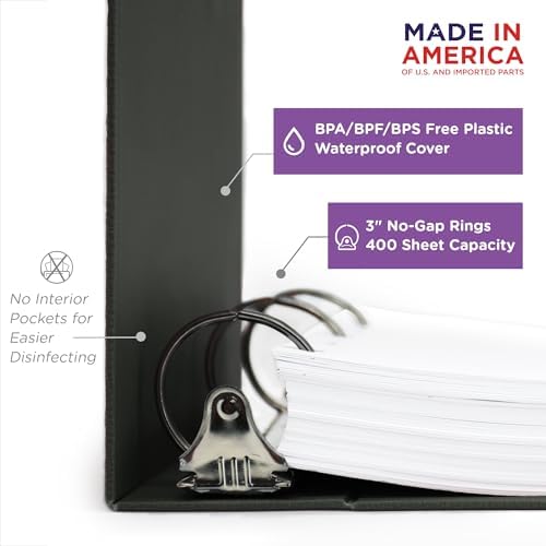 Carstens 3-Inch Heavy Duty 3-Ring Binder - Side Opening, Charcoal Gray, Durable Plastic, Precision No-Gap Rings, Waterproof Cover, No Pockets, Holds 400 Letter Sheets, BPA-Free, Made in USA (1739-3R) - Image 3