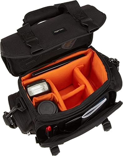 Amazon Basics Large DSLR Gadget Bag with Multiple Compartments, Pockets, Shoulder Strap, Black with Orange Interior - Image 2