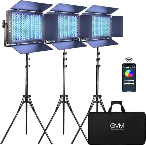 GVM 1500D RGB LED Video Light, 75W Video Lighting Kit with Bluetooth Control, 3 Packs Led Panel Light for Photography, YouTube Studio, Video Shooting, Broadcasting, Conference, 1128 Led Beads by GVMGreatVideoMaker