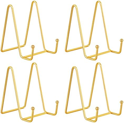 Decolore 4 Pack 4 Inch Display Stands Gold Plate Stands Metal Frame Holder Stand for Picture, Decorative Plate, Photo Easel, Artistic Work Display Stand, Picture Frames by Decolore