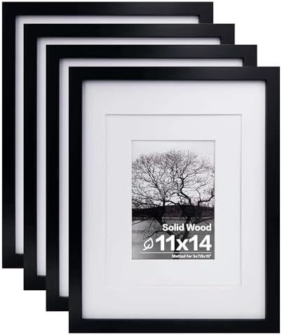 Egofine 11x14 Picture Frames Set of 4, Made of Solid Wood Covered by Plexiglass 5x7 and 8x10 with Mat or 11x14 without Mat, for Table Top Display and Wall Mounting Photo Frame Black by Egofine