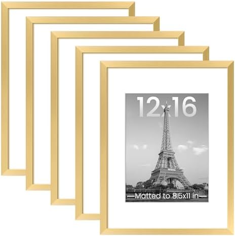 upsimples 12x16 Picture Frame Set of 5, Display Pictures 8.5x11 with Mat or 12 x 16 Without, Wall Gallery Poster Frames, Gold by upsimples