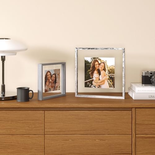 Egofine 8x8 Floating Frames Set of 2, Double Plexiglass Picture Frame, Made of Solid Wood Display Any Size Photo up to 8x8, Wall Mount or Tabletop Standing, Light Grey - Image 4