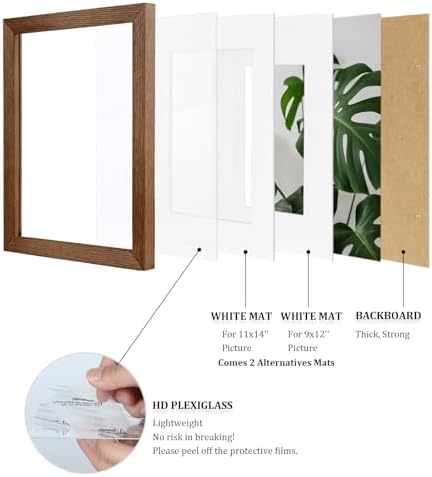 Egofine 12x16 Picture Frames Set of 4, Made of Solid Wood Covered by Plexiglass 9x12 and 11x14 with Mat or 12x16 without Mat, for Wall Mounting Photo Frame,Walnut Brown - Image 4