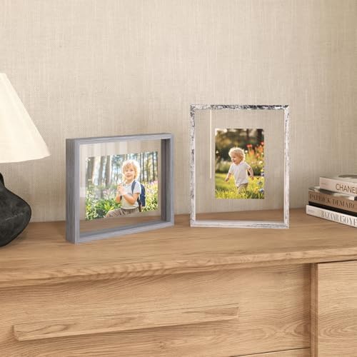 Egofine 8x10 Floating Frames Set of 2, Double Plexiglass Picture Frame, Made of Solid Wood Display Any Size Photo up to 8x10, Wall Mount or Tabletop Standing, Light Grey - Image 4