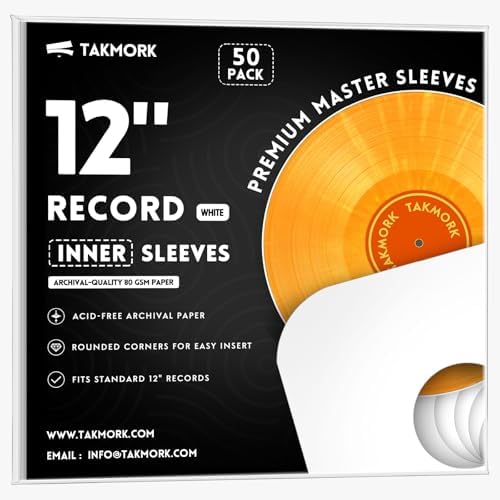 TAKMORK 12" Vinyl Record Inner Paper Sleeves, 33 RPM, 80gsm, White, 50pcs by TAKMORK