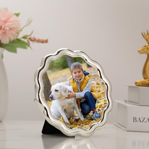 High-End Silver 5x5'' Round Zinc Alloy Picture Frames,Unique Wave Design,Heavy Weight Photo Frame with Premium Soft Velvet & Backing for Tabletop or Home Decor - Image 2
