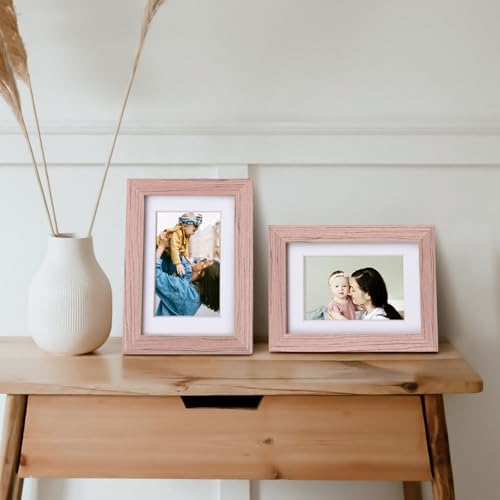 Egofine 4x6 Picture Frames Set of 4, Made of Solid Wood Covered by Plexiglass 3x4.5 and 3.5x5 with Mat or 4x6 without Mat, for Table Top Display and Wall Mounting Photo Frame, Peach Pink - Image 5