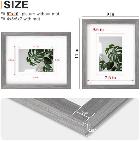 Egofine 8x10 Picture Frames Set of 4, Made of Solid Wood Covered by Plexiglass 4x6 and 5x7 with Mat or 8x10 without Mat, for Table Top Display and Wall Mounting Photo Frame Light Grey - Image 3