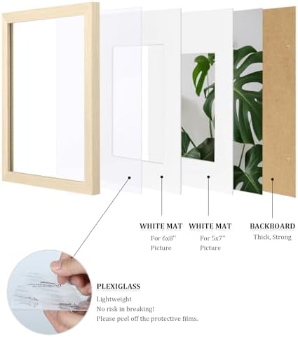 Egofine 8x12 Picture Frames Set of 4, Made of Solid Wood Covered by Plexiglass 5x7 and 6x8 with Mat or 8x12 without Mat, for Table Top Display and Wall Mounting Photo Frame Oak Wood - Image 4