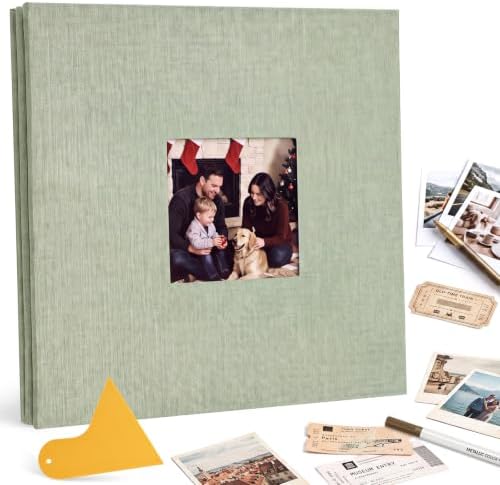 Self-Adhesive Scrapbook Album 11 × 10.6 In, Linen Cover, Sage Green by Prudiut