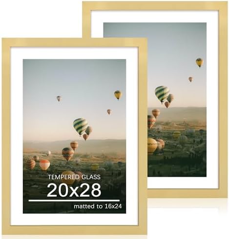 20x28 Poster Frame Set of 2, 20 x 28 Wood Picture Frames with Mat for 16x24, Wooden Photo Frame with Tempered Glass Cover for Wall Mounting Display, Gold by CCDCC