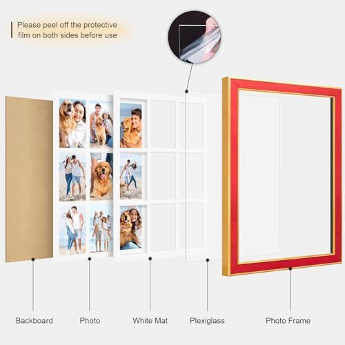 Suede 13.5x19.5 Picture Frame Display 9 Opening 4x6 Picture Frames Collage Wall Decor with Mat,Multi Photo Frame for Plexiglass,Wall Decor,1Pack,Red - Image 2