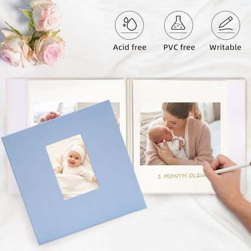 Vienrose Self Adhesive Photo Album Gift Set, Linen Cover Scrapbook with DIY Window, Holds 4x6 5x7 8x10 Photos, 30 Sheets 60 Pages for Family Wedding Baby, Includes Pen, Card, Lace Strap, Blue - Image 2