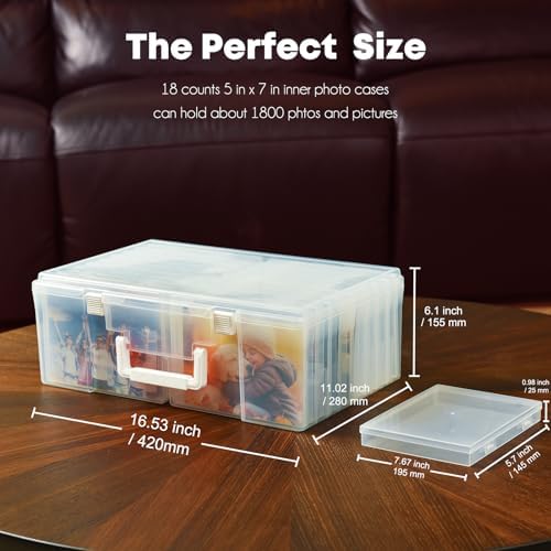 ALINK Photo Storage Box 5" x 7" with Handle, 18 Pcs Clear Photo Containers Organizer and Craft Keeper, Portable Picture Case with Label for Arts, Crafts, Sewing, Stickers, Office Supplies - Image 2