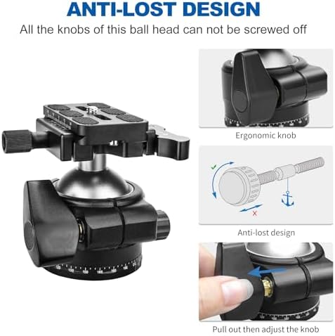 CAVIX Lever Tripod Ball Head, Low Gravity Metal Ball Head Camera Tripod Head 44lbs/20kg Load, Panoramic Ball Head, with 1/4" Arca Swiss Quick Release Plate for Tripod, Monopod, DSLR, Camera(H-46F). - Image 6