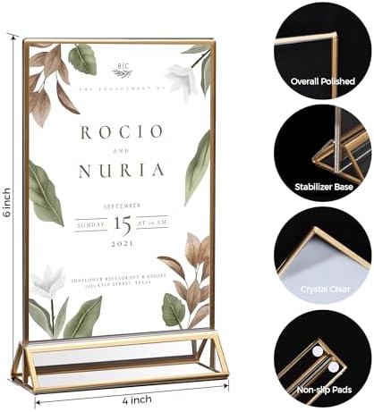 6 Pack Acrylic Sign Holder 4x6 Gold Frames, Wedding Table Number Holders Double Sided Vertical Clear Display Stand, Picture Holders for Tables, Menus, Flyers, Party and Office Decor - Image 2
