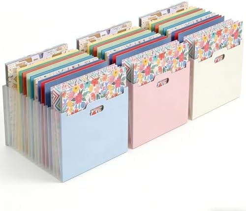 12x12 Scrapbook Paper Storage Organizer with 13 Expandable Pocket, Large Scrapbook Paper Storage for Craft Room Sticker Storage and Organization, Desktop Paper Holder (3 Pcs, Blue+Cream+Pink) by ALTABOMBA