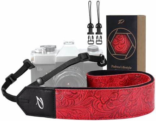 Padwa Lifestyle Camera Strap - 2" Red Faux Leather Carving Camera Straps with Full Grain Leather Ends for Photographers, Vintage Soft Suede Fabric Padded Strap Quick Release fits All Cameras by PadwaLifestyleCameraStrap