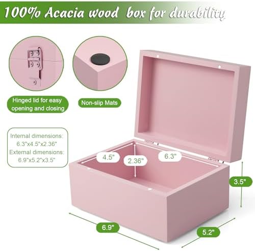 DRASTAR Wooden Box, Small Keepsake Box, Memory Box for Keepsakes, Cute Jewelry Box, Wedding Memory Box with Lids, Pink Decorative Box - Image 2