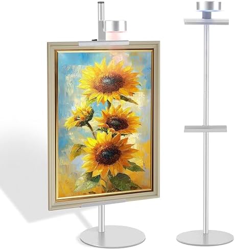 Adjustable Desktop Photo Frame Stand with Magnetic Wall Painting Light, Holds Picture Frames up to 30 Inch,with Rechargeable Battery,Metal Vertical Stand with 3 Color Temperature & 13RGB Poster Lights, for Displaying Picture Frames, Artworks (1, Silver... by Unknown