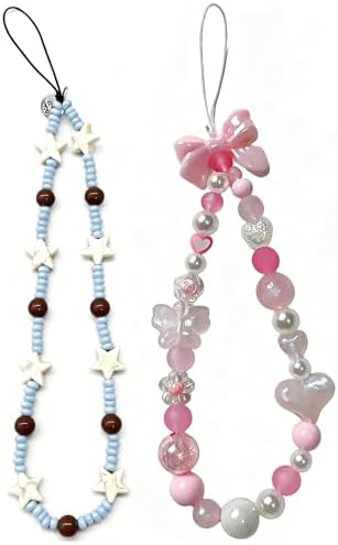 2 Pcs Phone Charm Strap Hand for iPhone Wrist Strap Camera Lanyard Pearl Beaded Cute Chain String Accessories Universal for iPhone 17 Pro Max 16 15 Samsung Women Girls Keychain Little Flower and Blue by Casecond