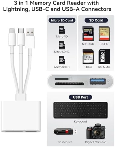 AkHolz SD Card Reader for iPhone iPad Mac Trail Game Camera Viewer Built-in 3-in-1 Connector (Lightening, USB-C and USB-A) with SD MicroSD USB-A 3 Slots, Portable No App Required Plug & Play - White - Image 2