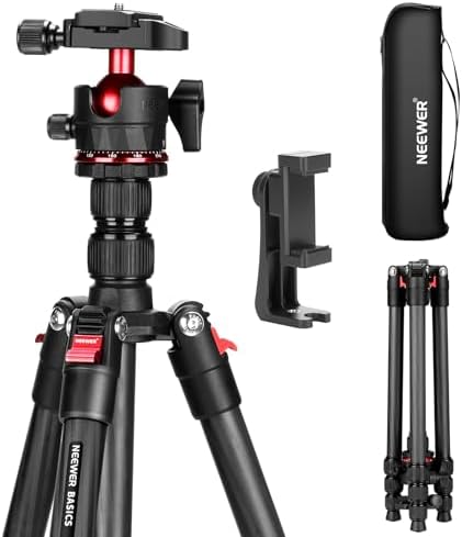 NEEWER Basics Carbon Fiber Travel Tripod, 64" Compact Lightweight Portable Camera Video Stand, Arca Type Ball Head & Cell Phone Holder Compatible with iPhone Video Recording, Max Load 13.2 lbs, TP17 by Neewer