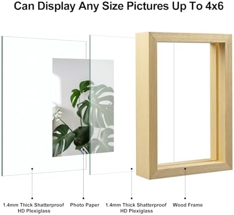 Egofine 4x6 Floating Frames Set of 2, Double Plexiglass Picture Frame, Made of Solid Wood Display Any Size Photo up to 4x6, Wall Mount or Tabletop Standing, Natural Wood - Image 3